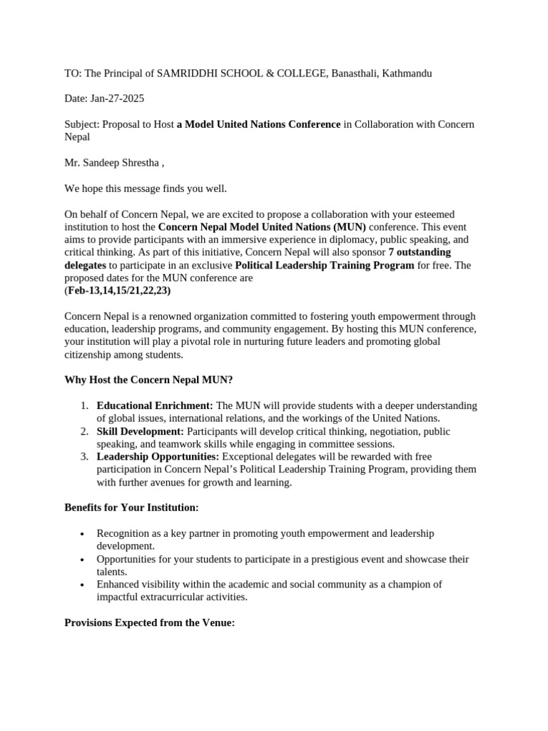 MUN Proposal for Samriddhi College | PDF