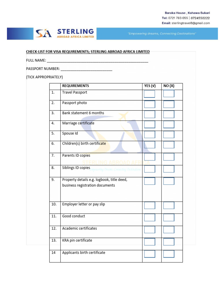 Visa Requirements Checklist for Africa | PDF