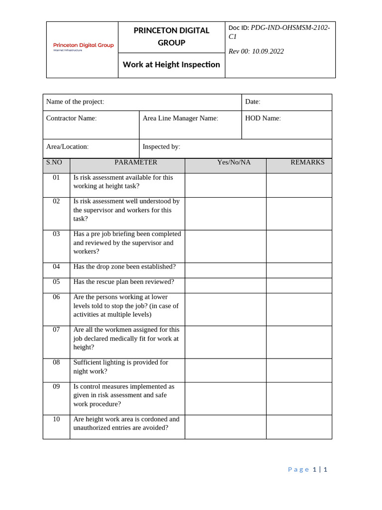 Work at Height Safety Inspection Checklist | PDF