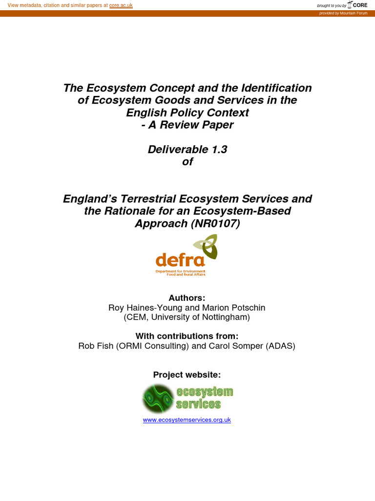Ecosystem Goods and Services in England | PDF | Sustainability | Ecosystem