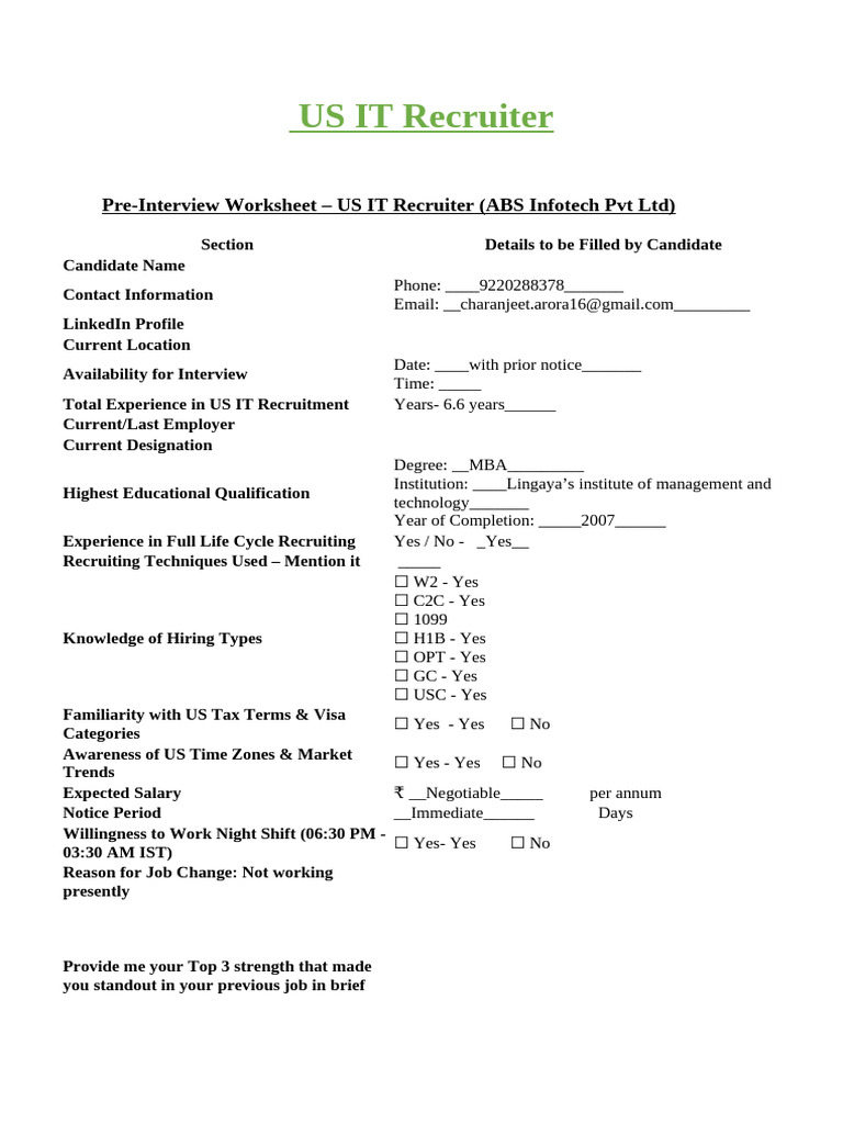 US IT Recruiter Pre-Interview Worksheet | PDF