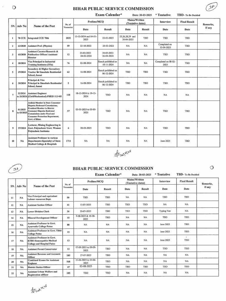 BPSC Exam Calendar | PDF