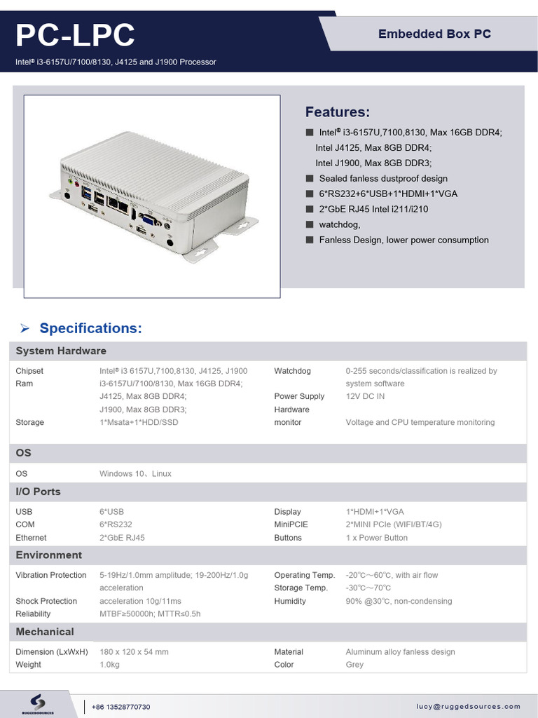 Industrial Fanless BOX PC PC-LPC Spec | PDF | Usb | Personal Computers