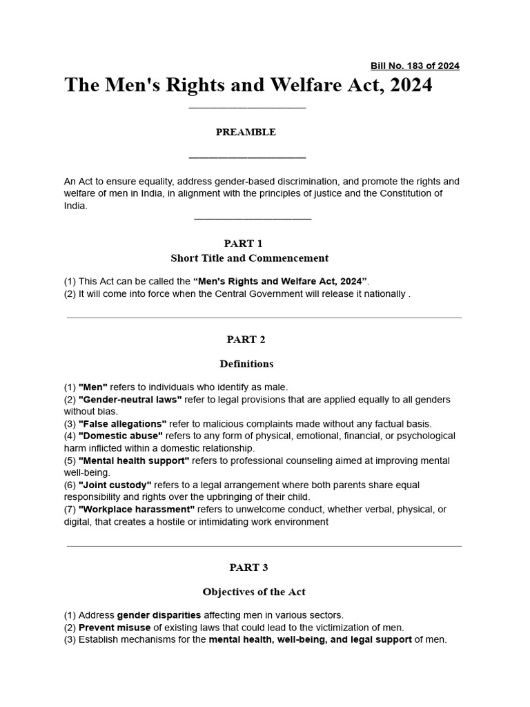 The Men's Rights and Welfare Act, 2024 | PDF | Human Rights | Social Policy