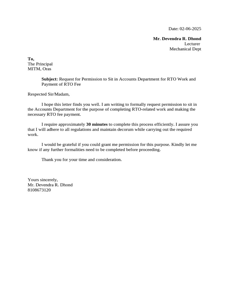 RTO Fee Payment Request Letter | PDF
