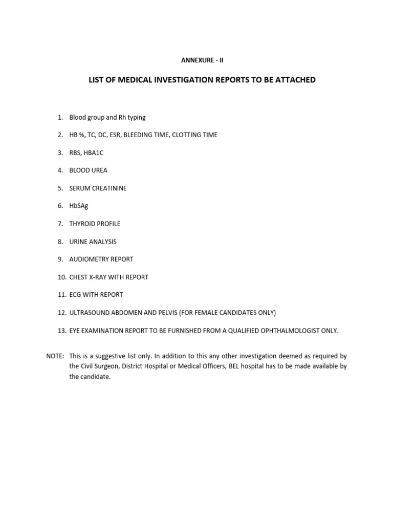 Required Medical Investigation Reports | PDF