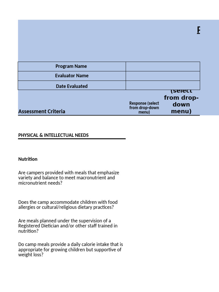 Camp Assessment Evaluation Criteria | PDF | Weight Loss | Nutrition