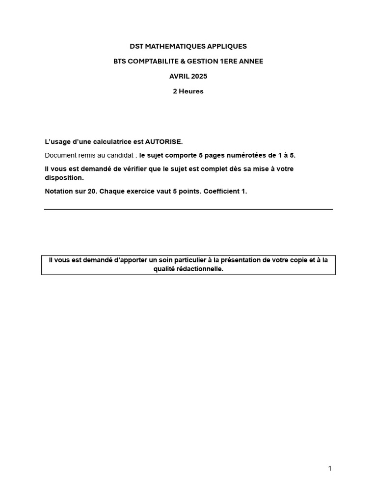 Sujet DST Maths BTS Comptabilité 2025 | PDF | Quartile