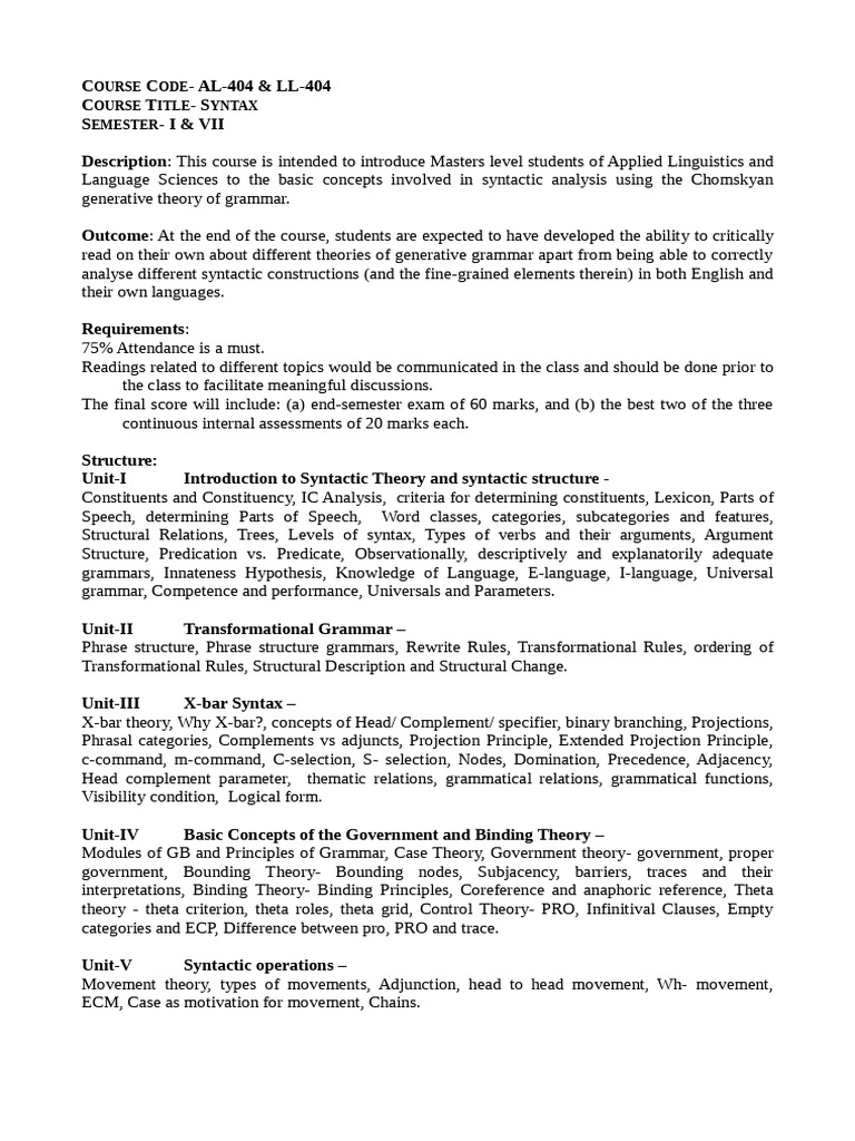 AL 404 LL 404 Syllabus | PDF | Syntax | Phrase