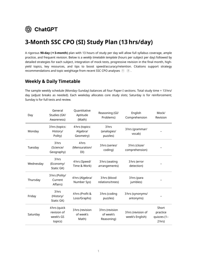 3-Month SSC CPO Exam Study Plan | PDF | Mathematics