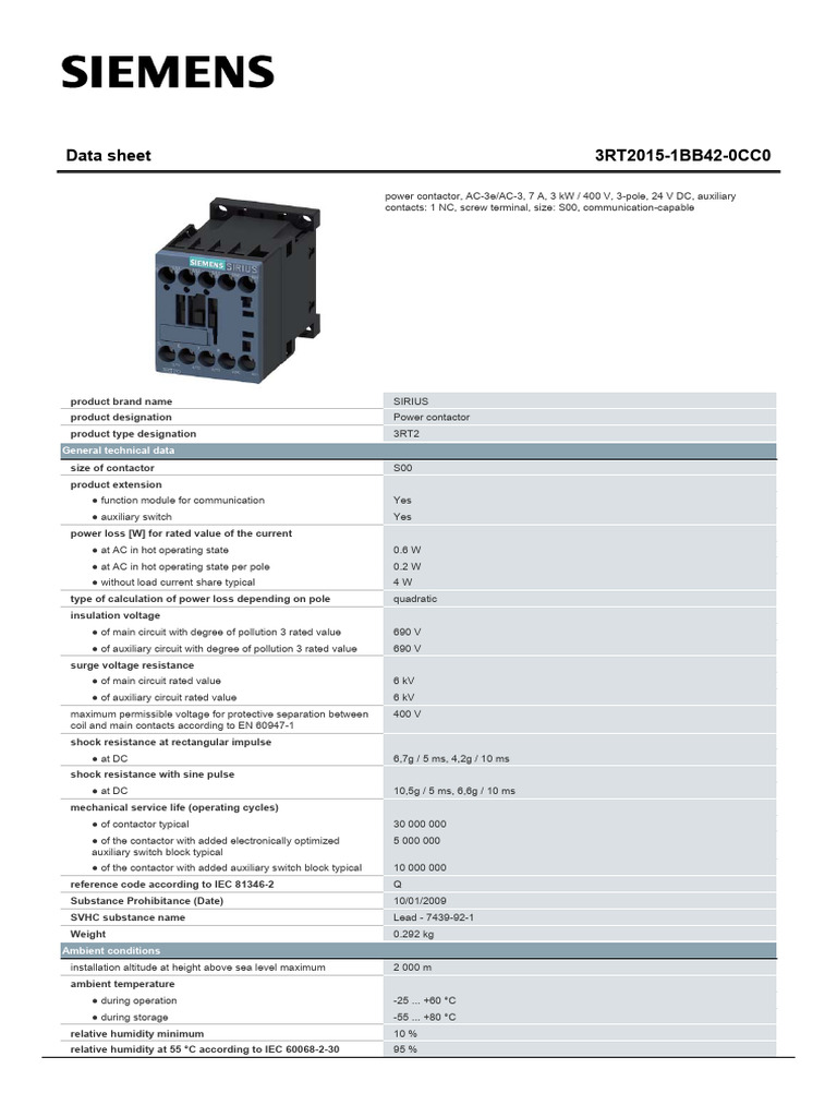 3RT2016-1BB41 Power Contactor Datasheet | PDF | Direct Current | Switch
