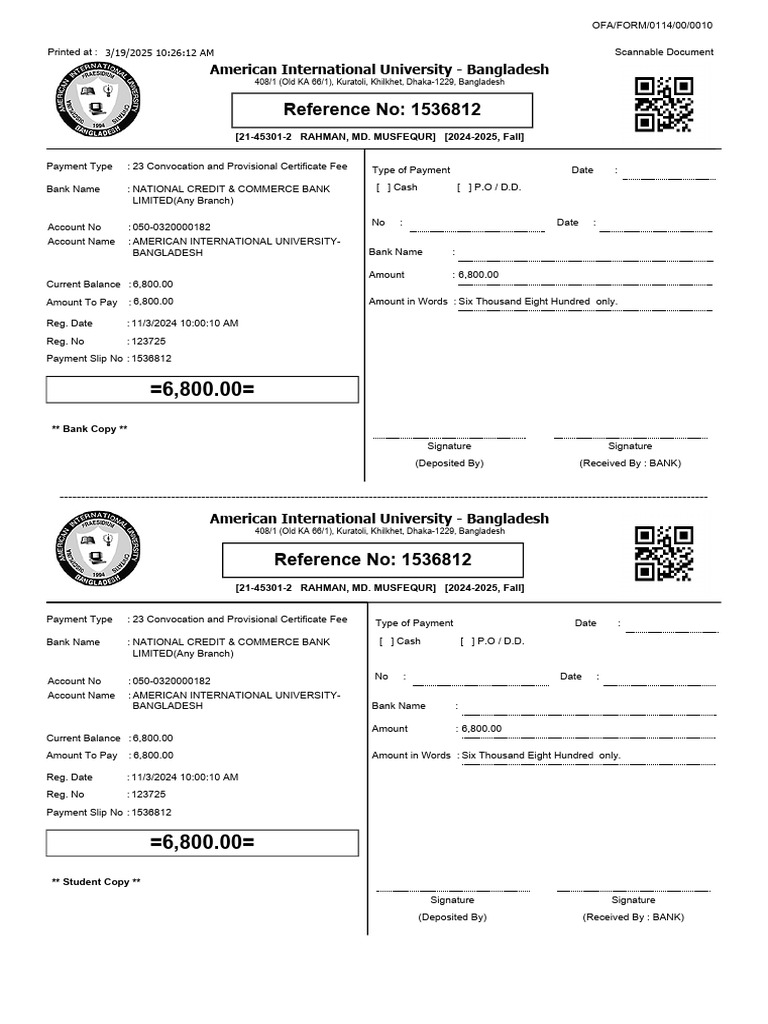 AIUB Convocation Fee Payment Slip | PDF | Banks | Business