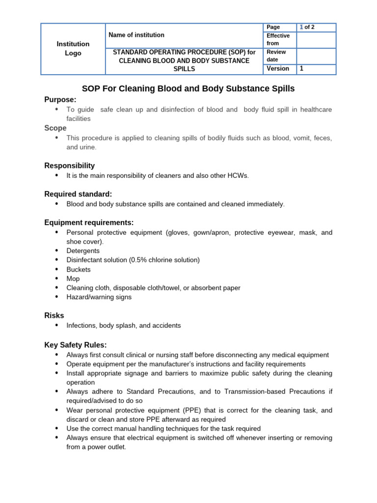 SOP for Cleaning Blood and Body Spills | PDF | Personal Protective ...