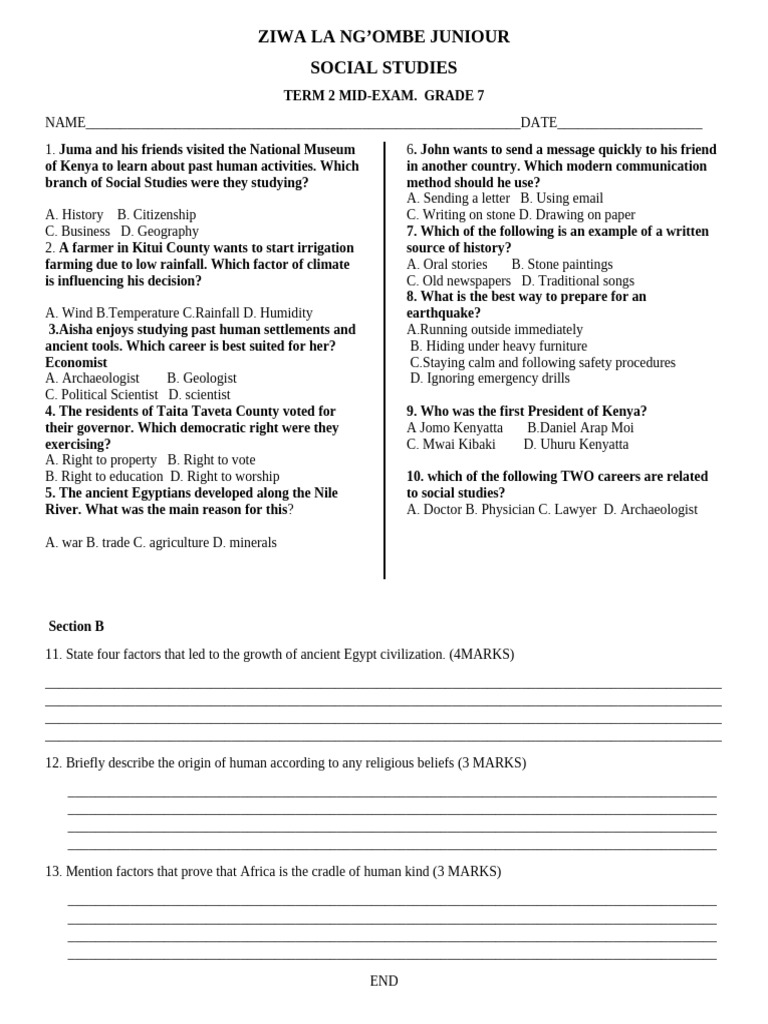 Grade 7 Social Studies Mid-Exam Paper | PDF | Kenya