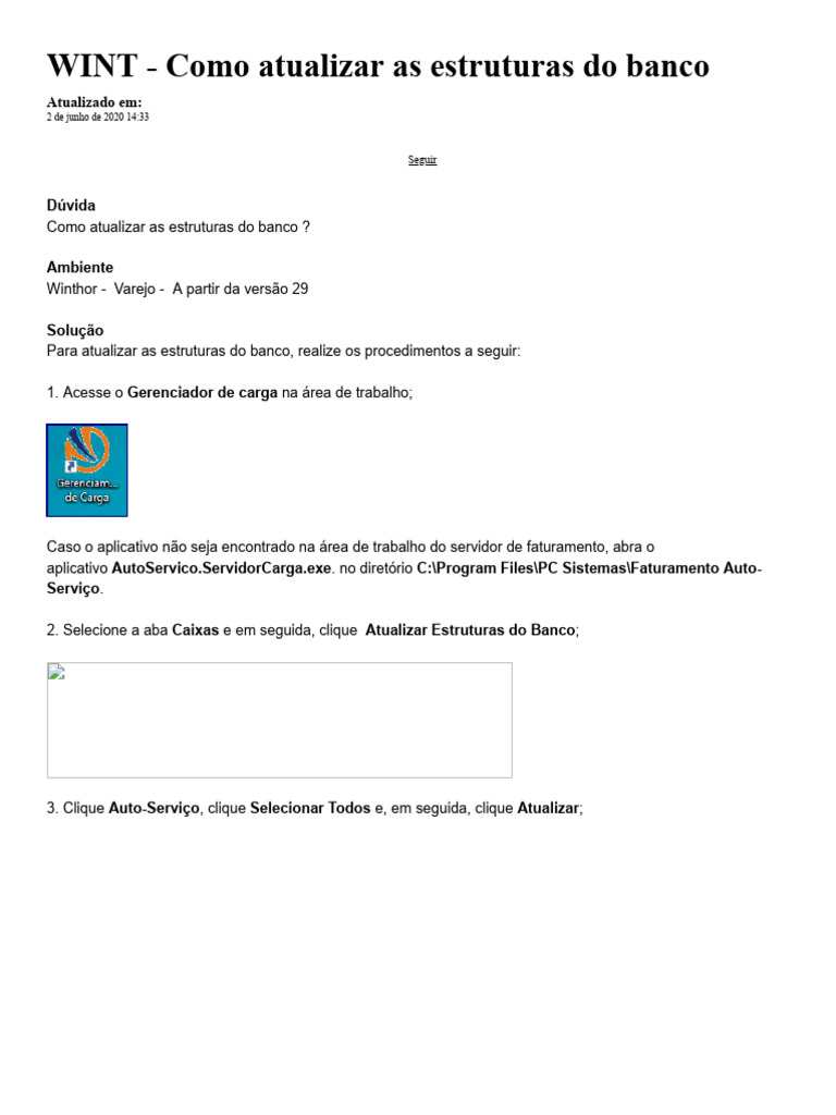 WINT - Como Atualizar As Estruturas Do Banco - Servidor de Faturamento |  PDF | Servidor (informática) | Informática, image size:768x1024
