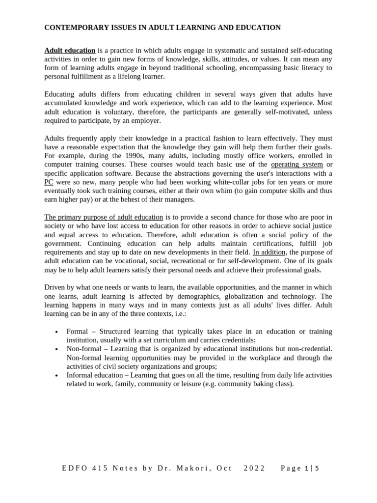 Contemporary Issues in Adult Education | PDF | Adult Education | Learning