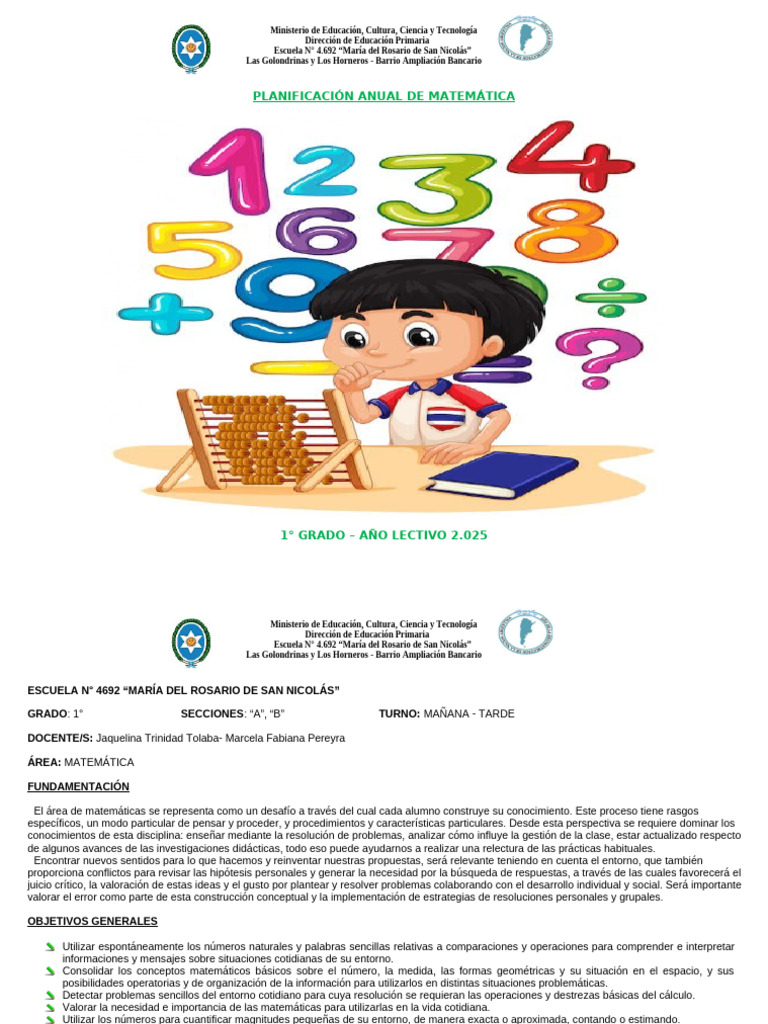Planificación Matemática 1° Grado 2025 | PDF | Geometría | Educación ...