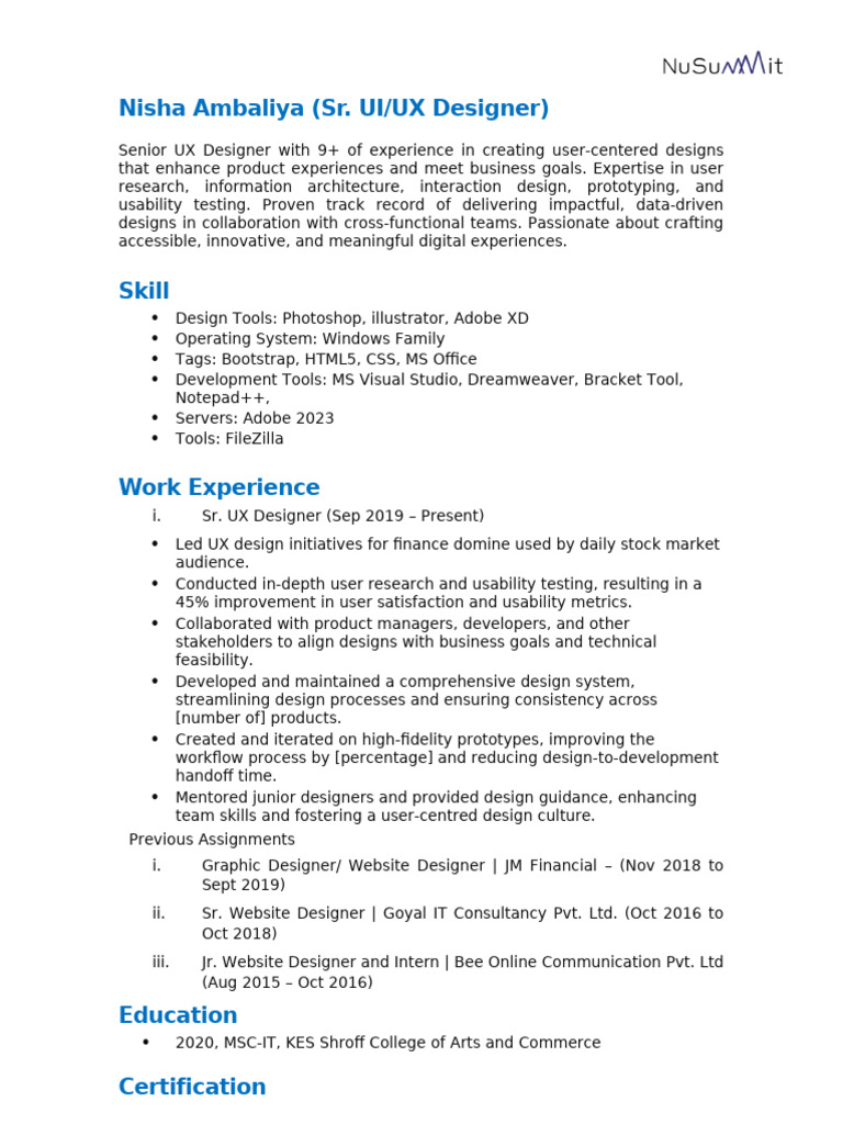 NishaA - Senior UX UI Designer | PDF