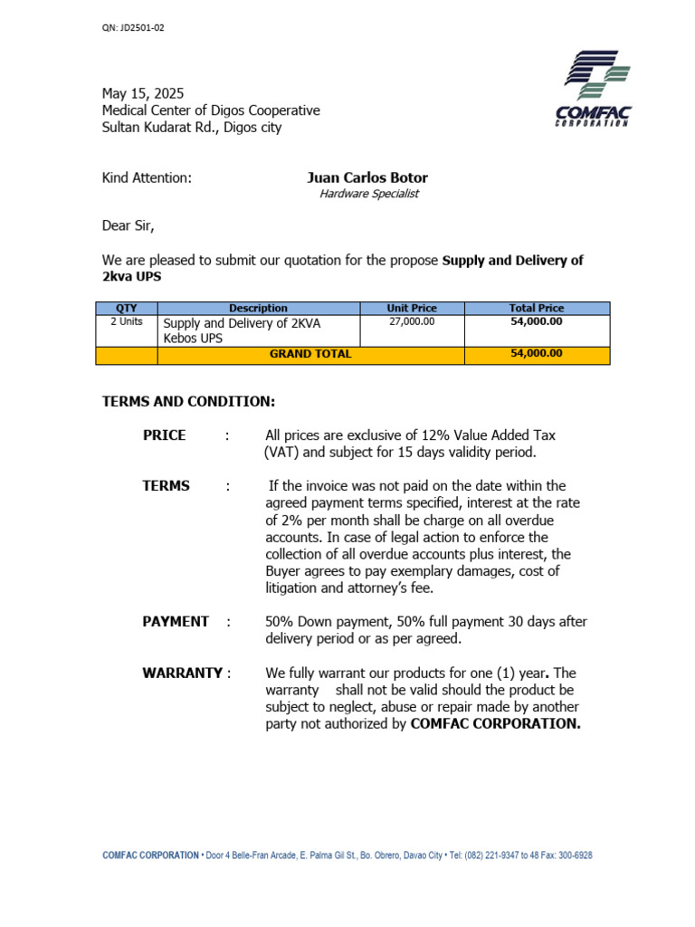 Quotation for 2KVA UPS Supply | PDF | Value Added Tax | Taxes