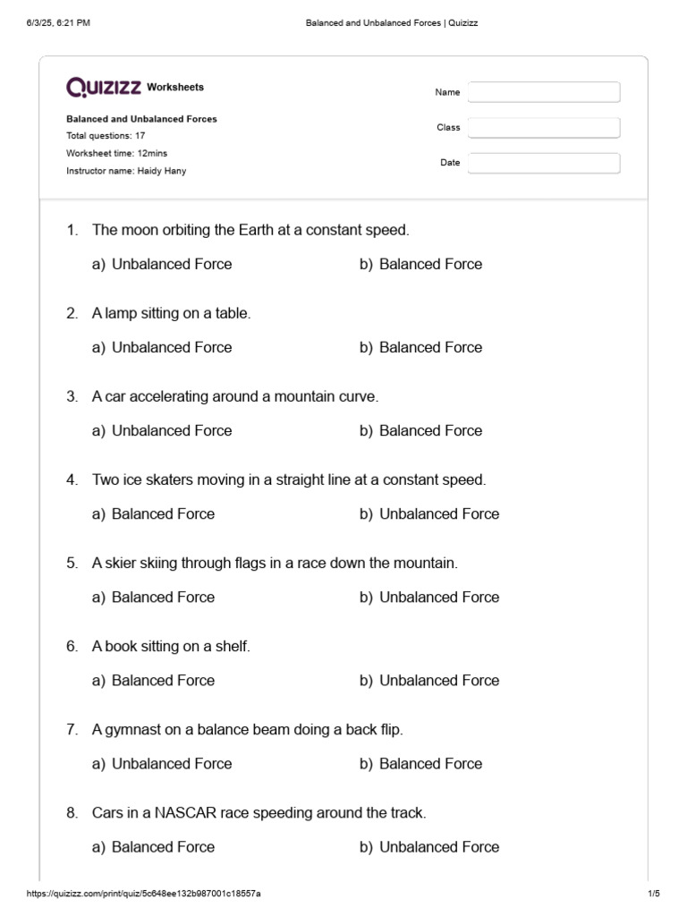 Balanced and Unbalanced Forces - Quizizz | PDF | Force | Mechanical ...