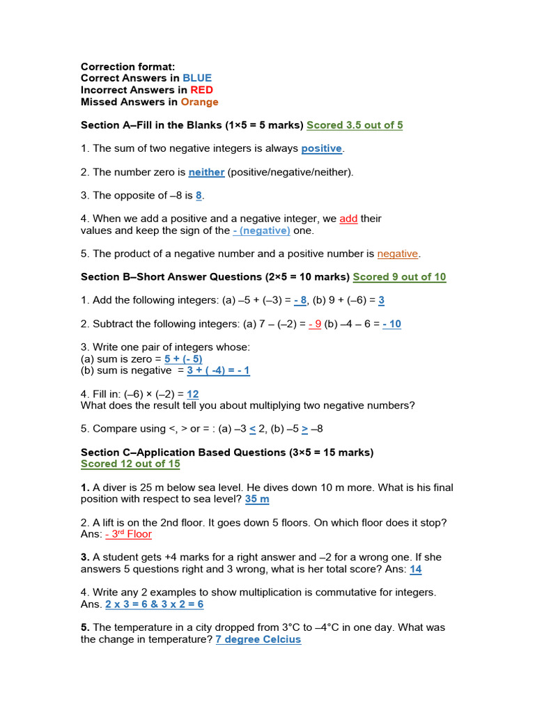 Integers Test - Results | PDF