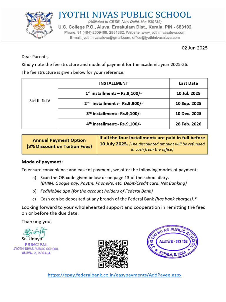 Circular Fee To Parents 2025-26 - STD 3&4 | PDF