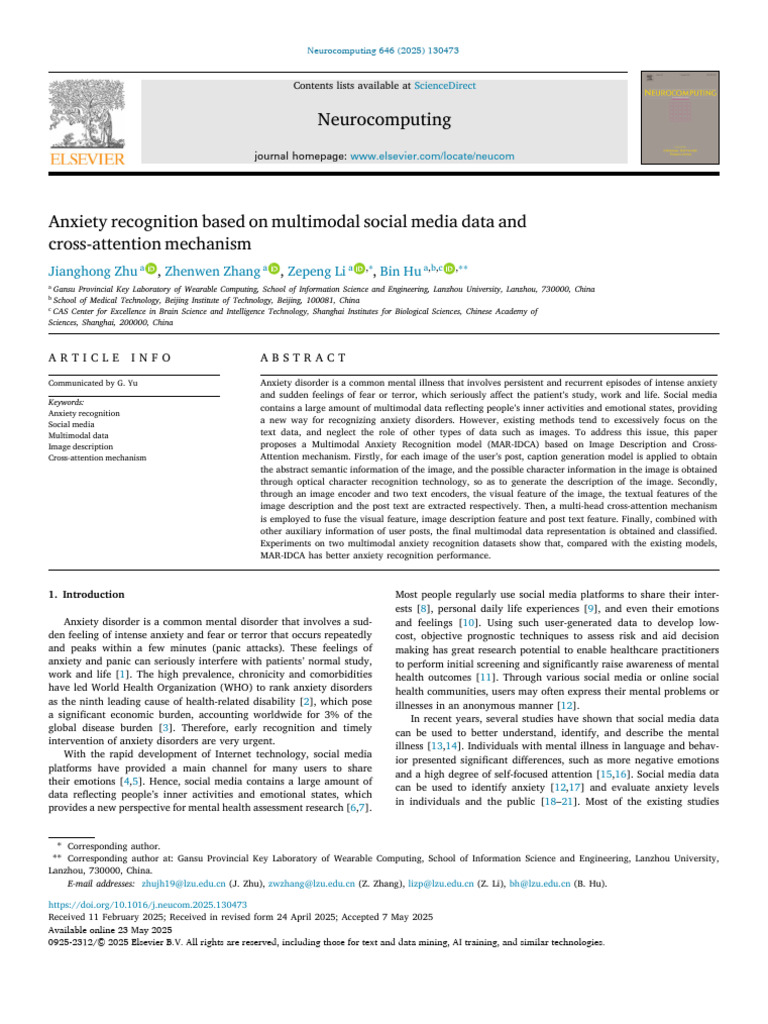 Multimodal Anxiety Detection Model | PDF | Information | Mental Disorder