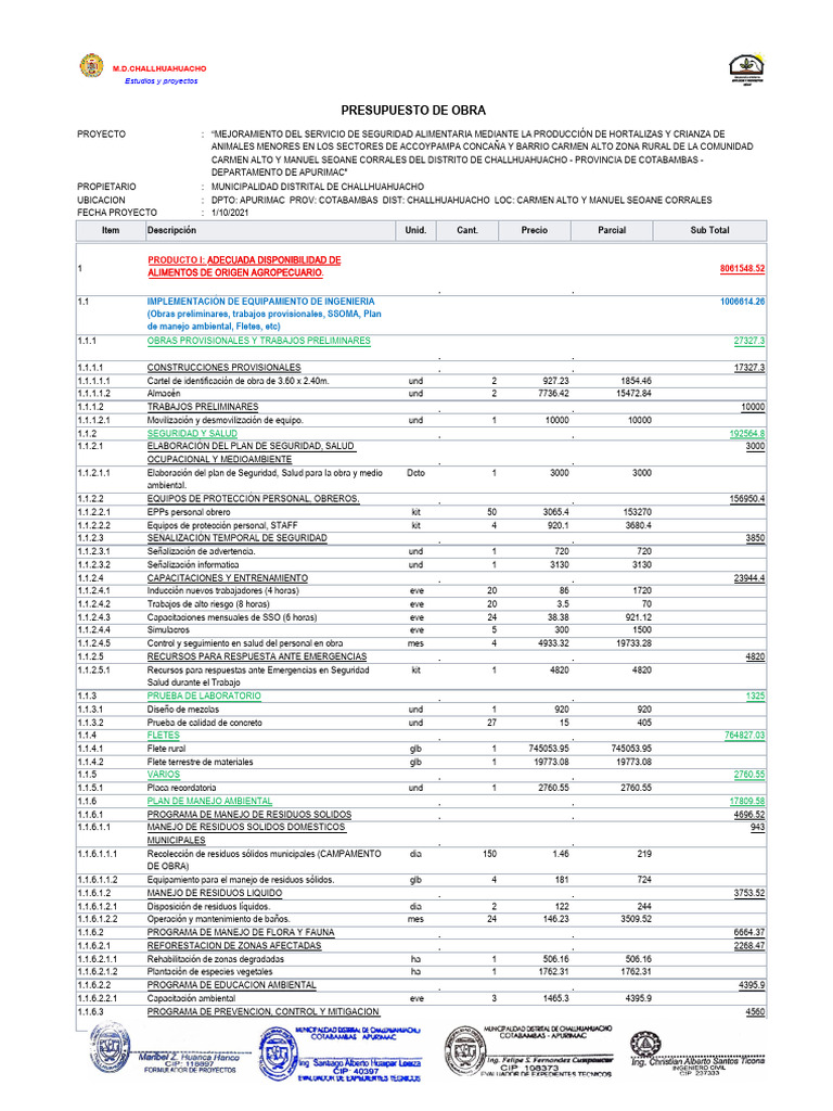 Presupuesto para Proyecto Ambiental y de Seguridad | PDF | Ingeniería ...