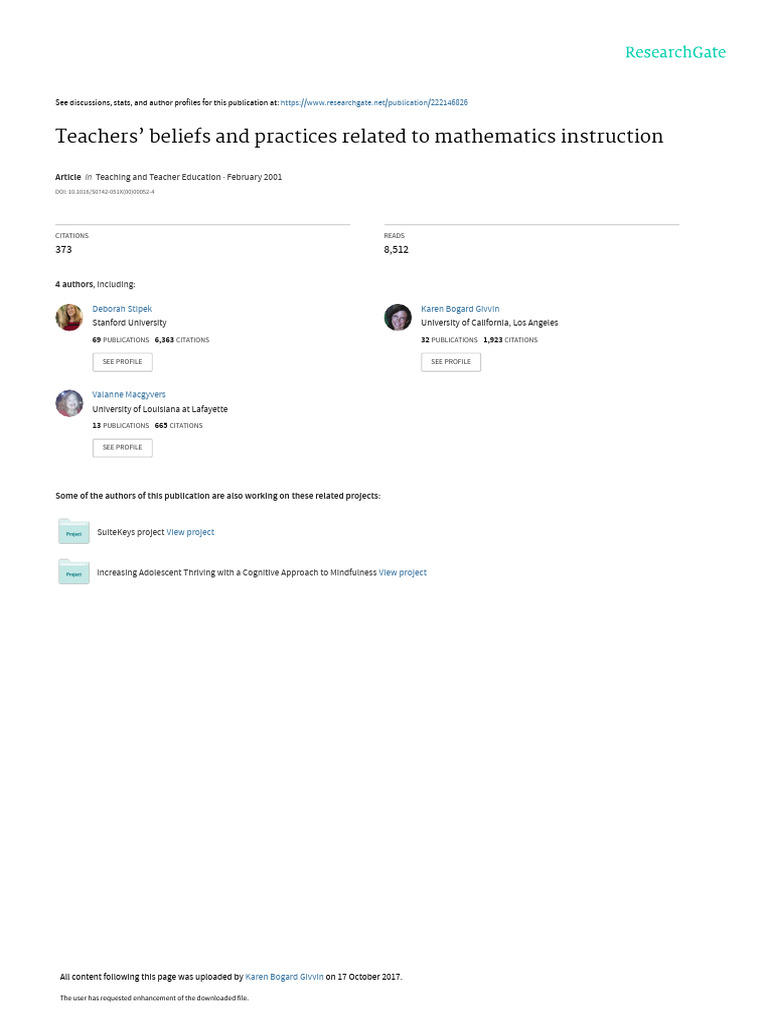 Teachers' Beliefs in Math Instruction | PDF | Teachers | National ...