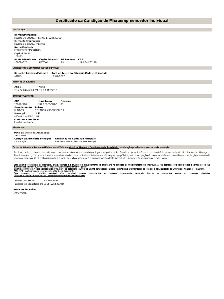 Certificado de Microempreendedor Individual | PDF