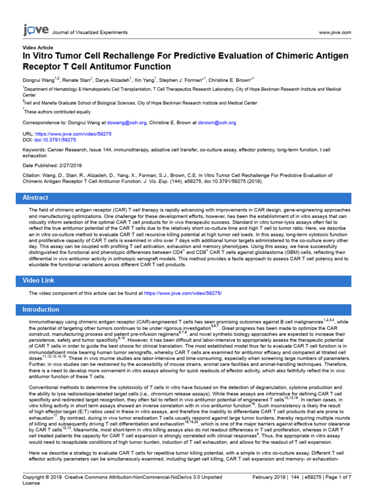 In Vitro Tumor Cell Rechallenge For Predictive Evaluation of Chimeric ...