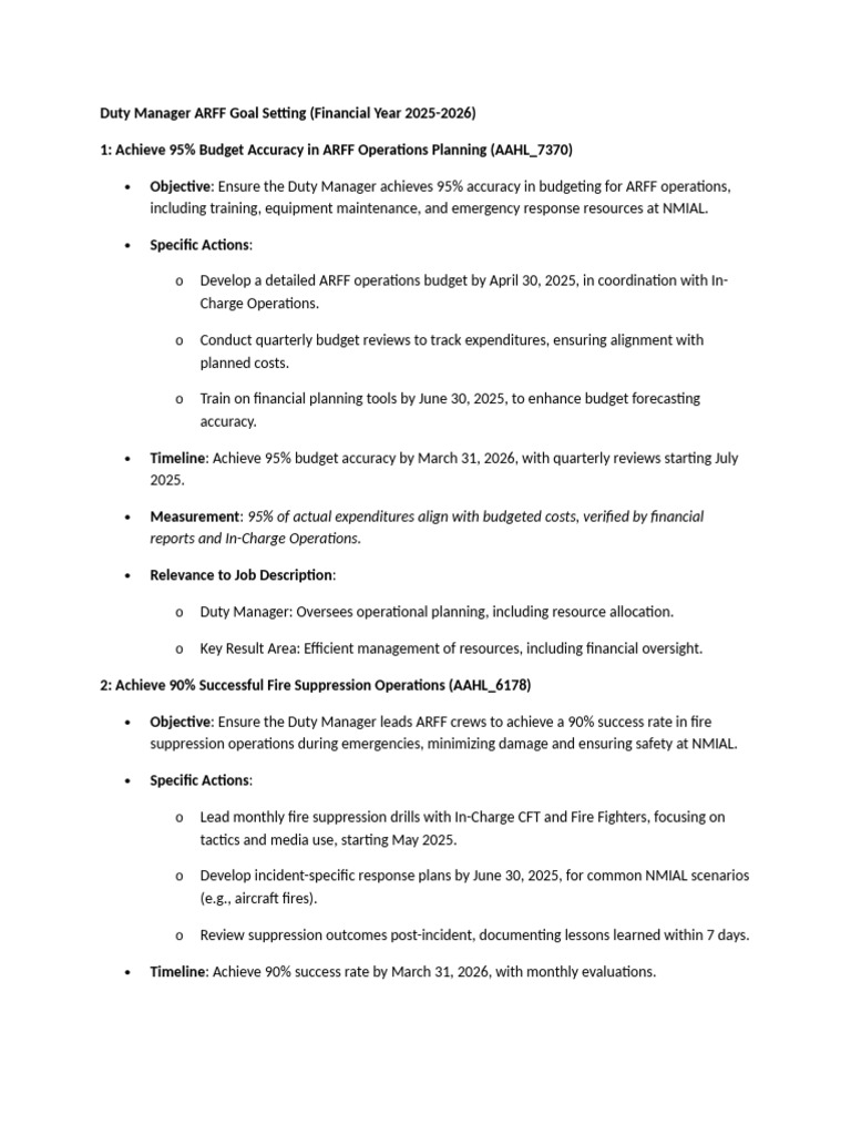 Duty Manager ARFF Goal Settin1 | PDF | Budget | Business