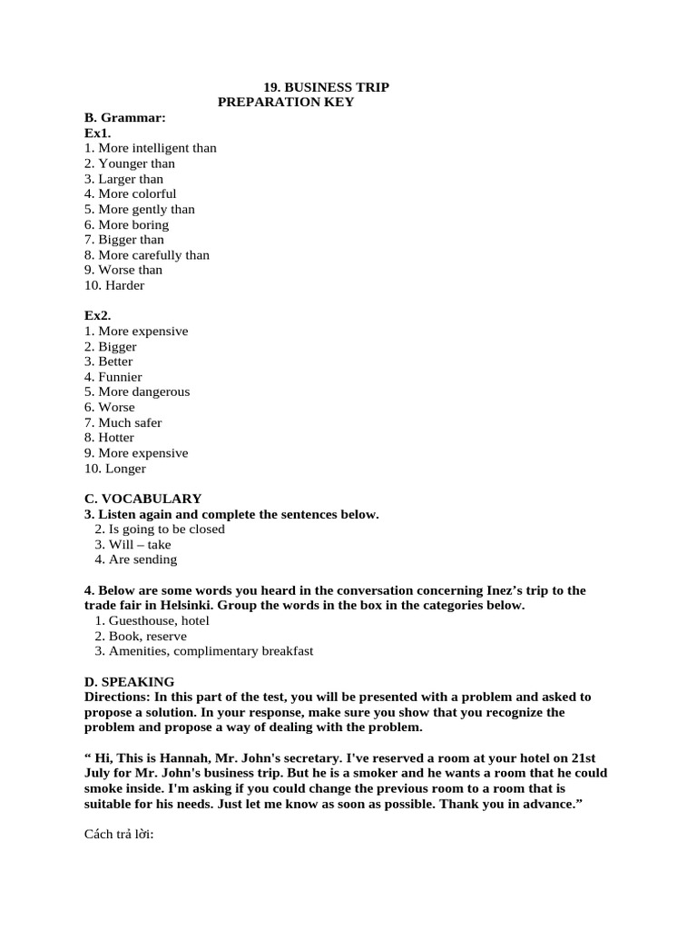 Business Trips 1 - Preparation - Key | PDF