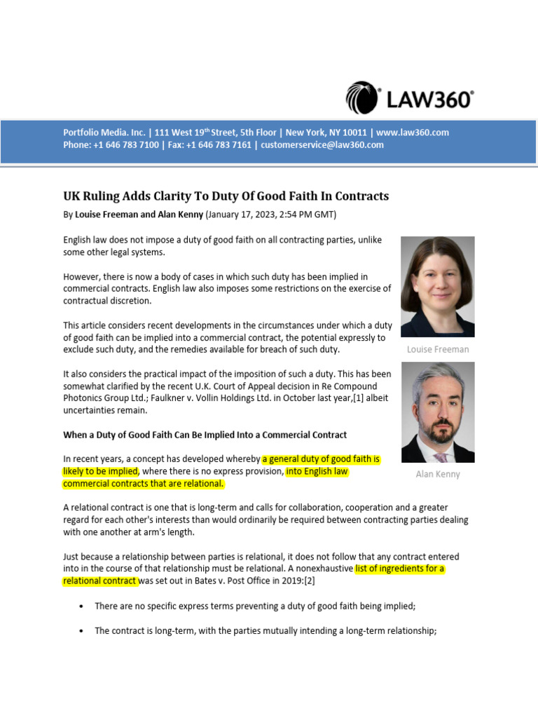 UK Ruling Adds Clarity To Duty of Good Faith in Contracts | PDF | Legal ...