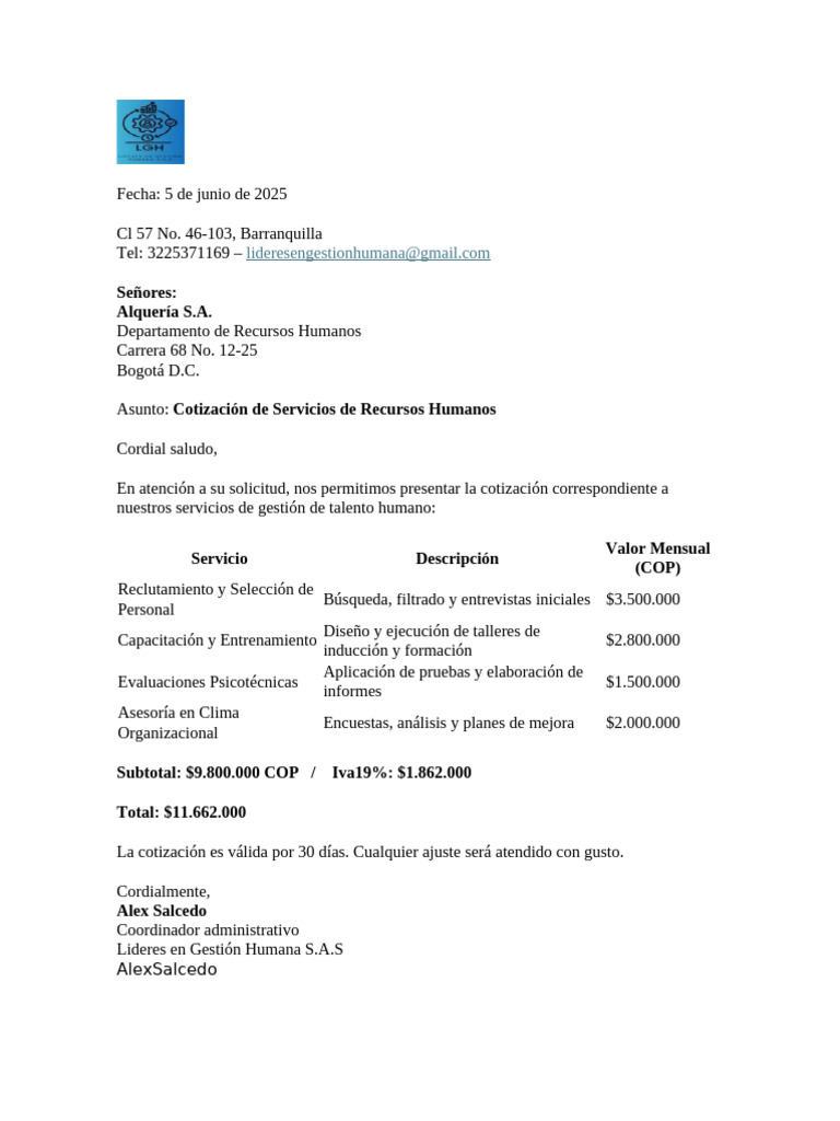 Cotizaci n De Servicios De RRHH PDF Gesti n De Recursos Humanos 