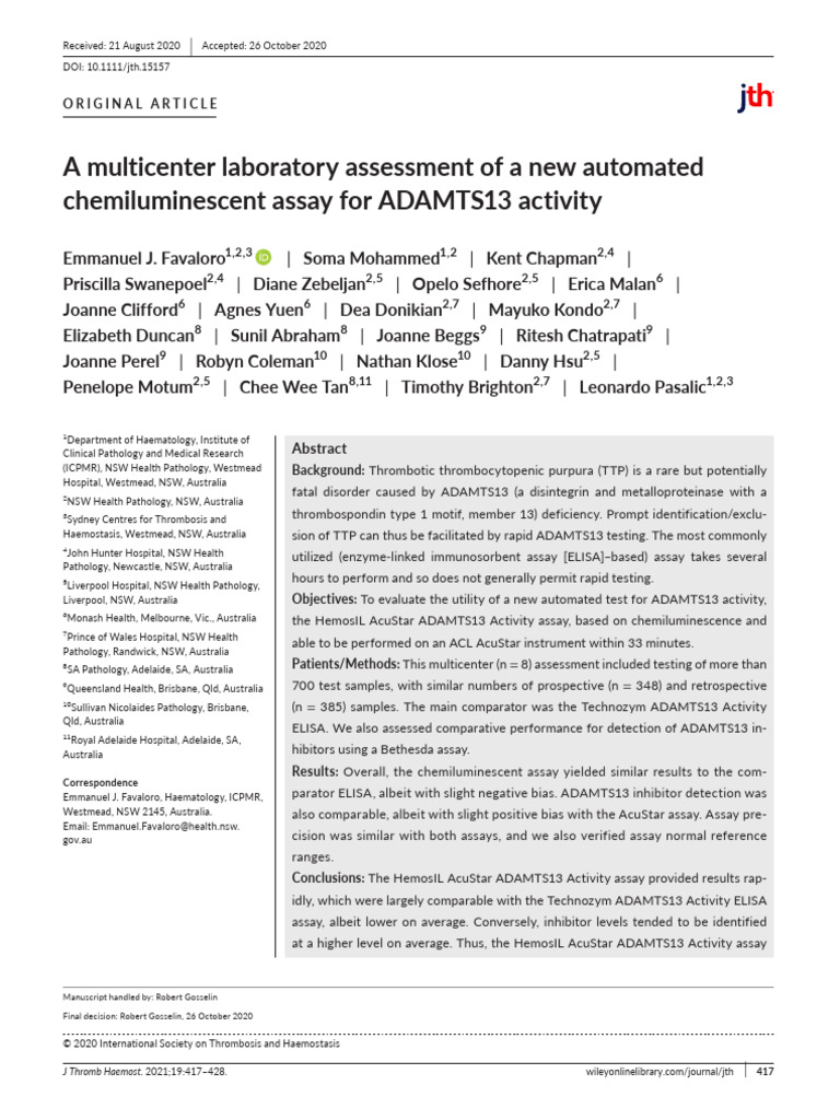 Rapid ADAMTS13 Activity Testing Assay | PDF | Medical Specialties | Blood
