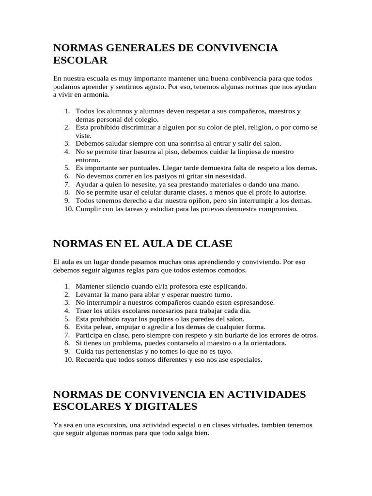Normas de Convivencia Escolar | PDF