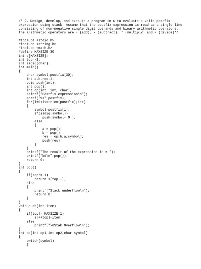 Evaluate Postfix Expressions in C | PDF