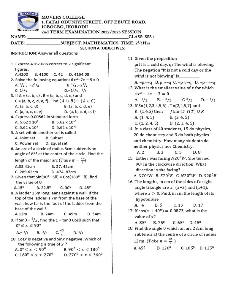 SSS 1 Mathematics Exam Paper 2022/2023 | PDF | Angle | Circle