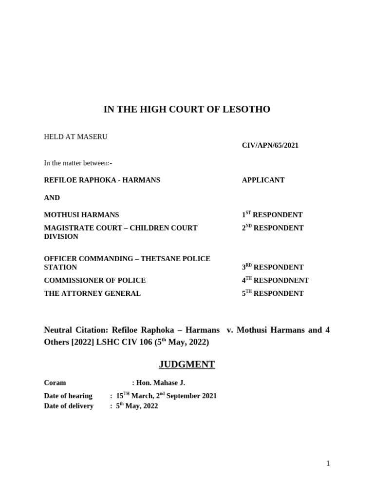 Custody Dispute Judgment: Raphoka v. Harmans | PDF | Child Custody ...