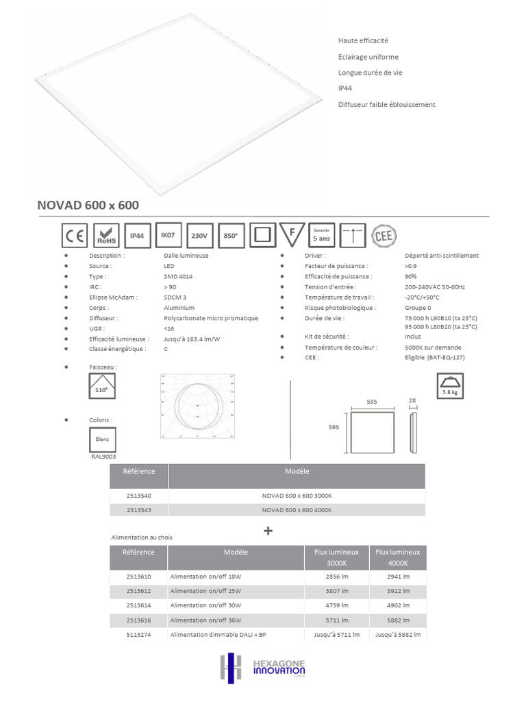 Dalle lumineuse NOVAD 600 x 600 LED | PDF | Éclairage | Lumière