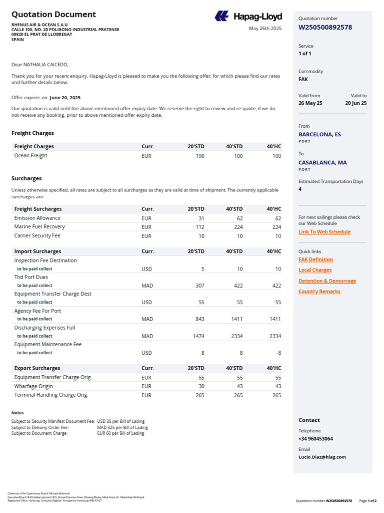 Hapag-Lloyd Quotation W250500892578 | PDF | Fee | Cargo