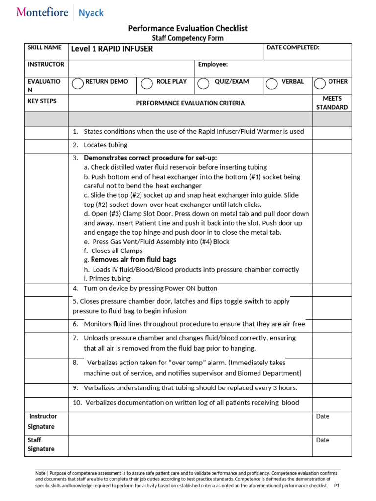 Level 1 Rapid Infuser Competency Checklist | PDF | Intravenous Therapy ...