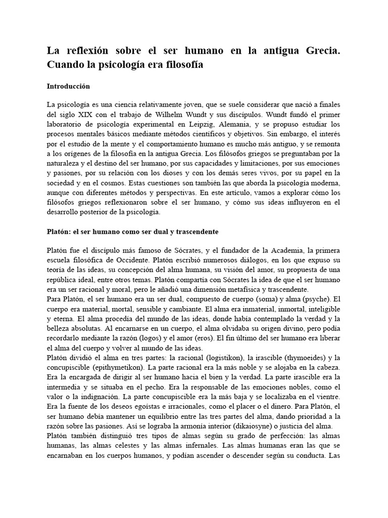 Reflexión Sobre El Ser Humano en La Antigua Grecia | PDF | Platón ...