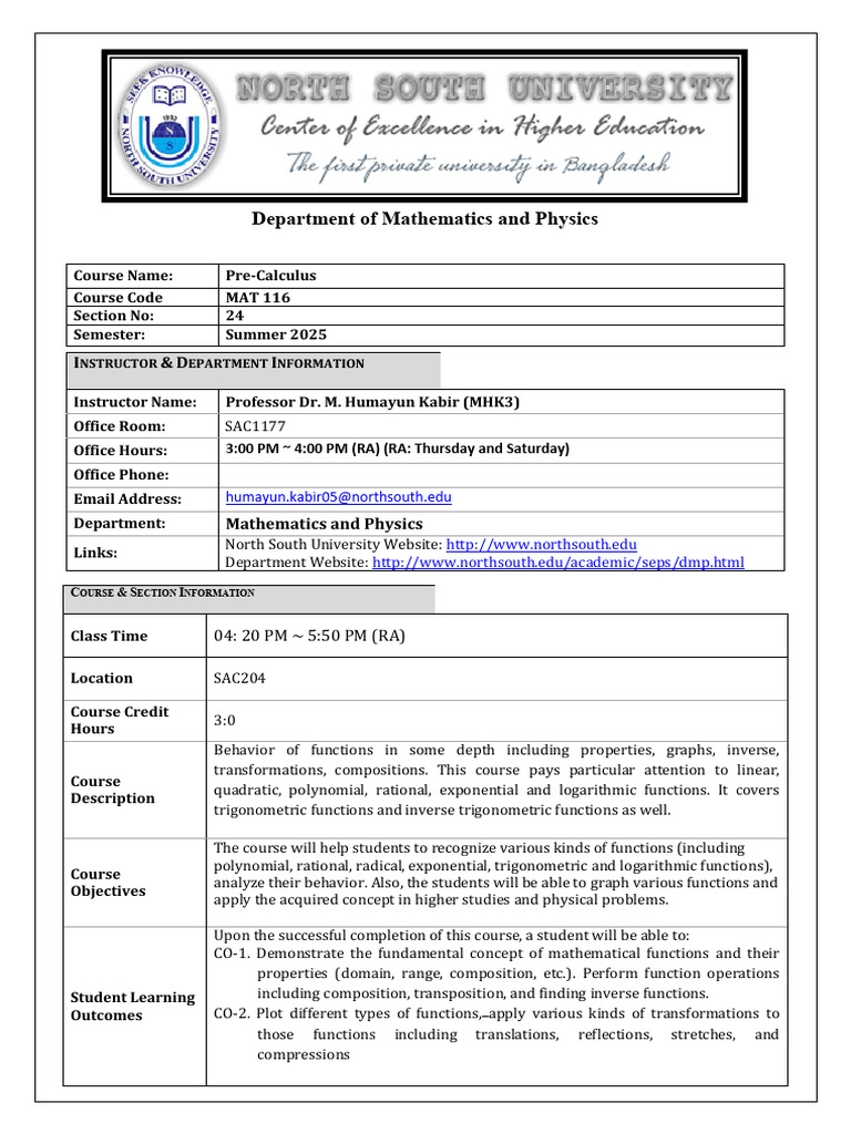 Pre-Calculus Course Details for Summer 2025 | PDF | Trigonometric ...