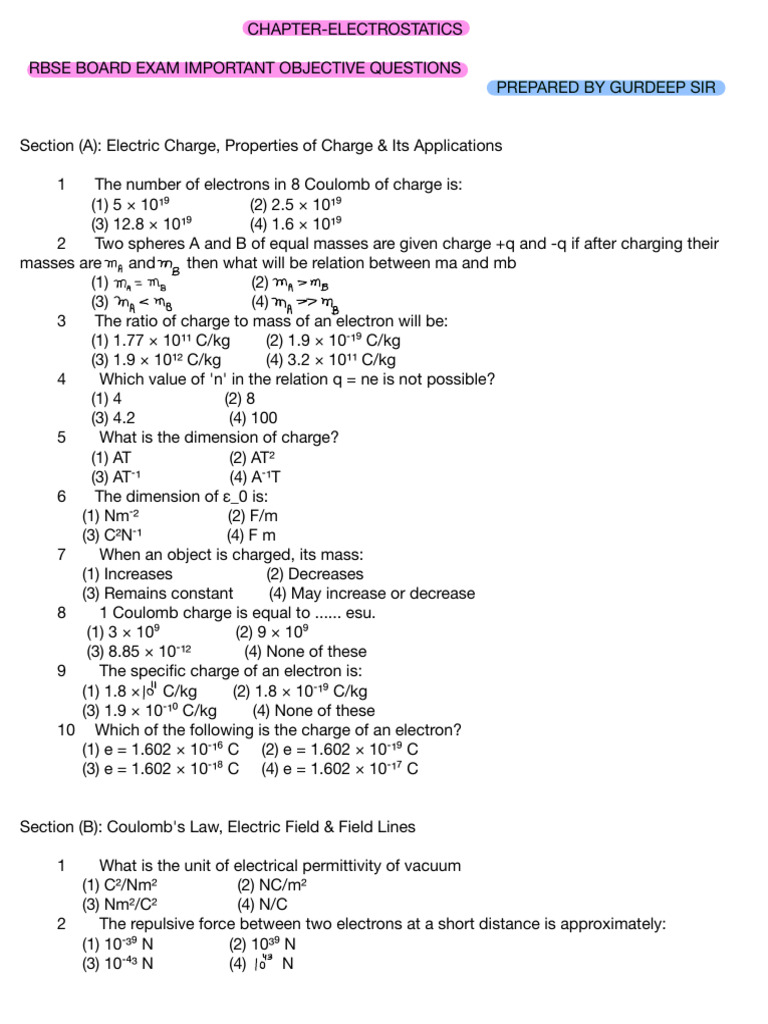 RBSE Electrostatics Objective Questions | PDF | Force | Electron