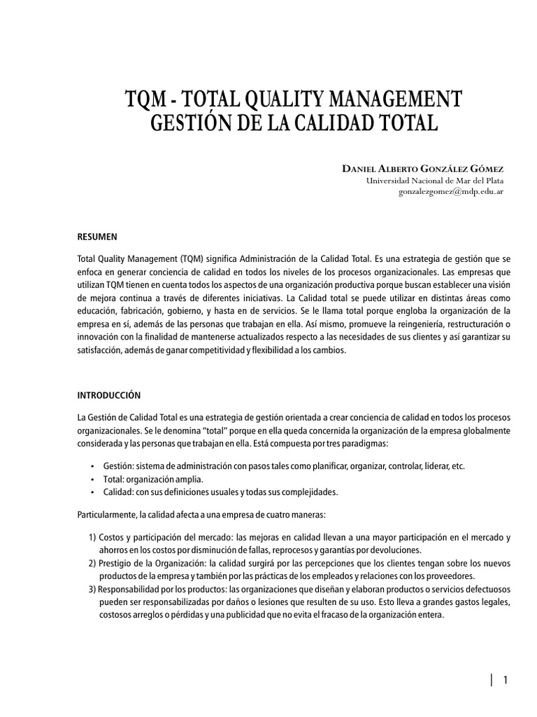 Gestión de Calidad Total (TQM) en Empresas | PDF | Calidad (comercial ...