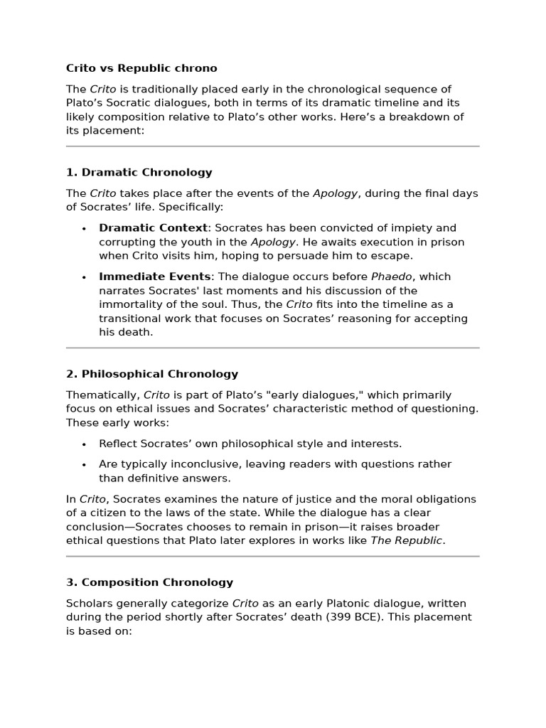 Crito and Republic: Chronological Analysis | PDF | Socrates | Apology ...