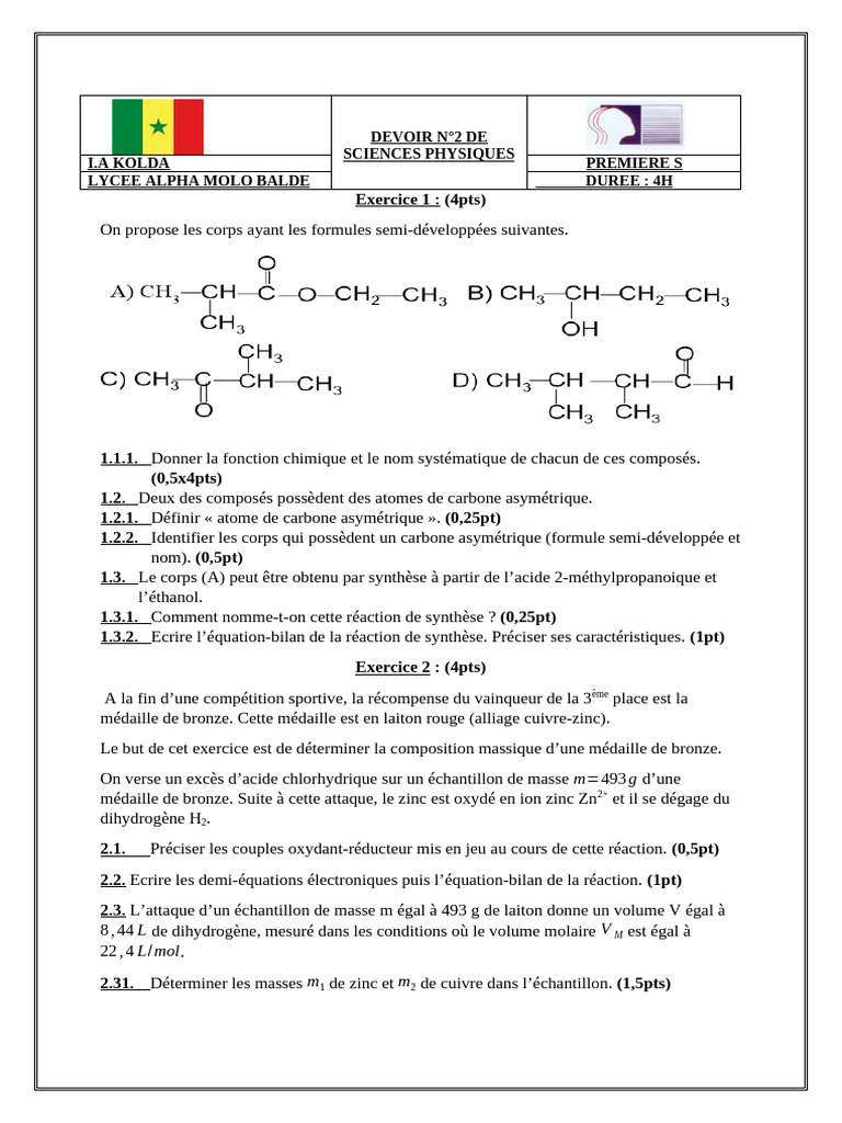 Devoir de Sciences Physiques : Exercices et Solutions | PDF | Glace | Zinc