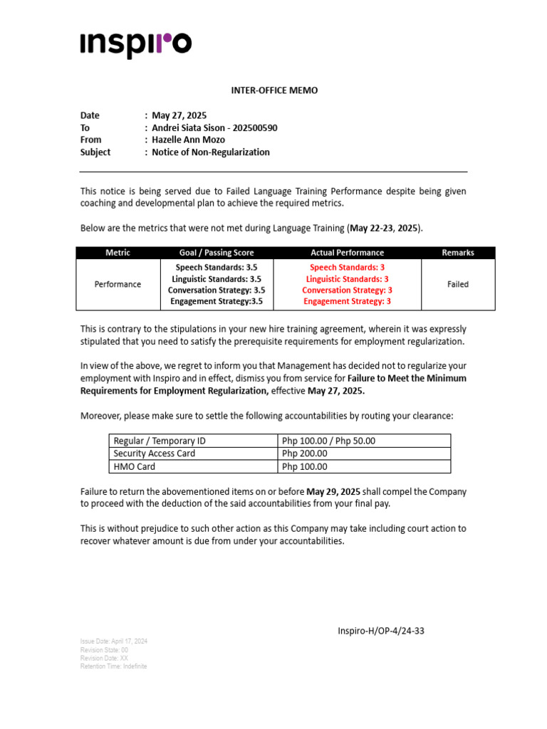 Non-Regularization Notice for Employee | PDF | Labor | Business